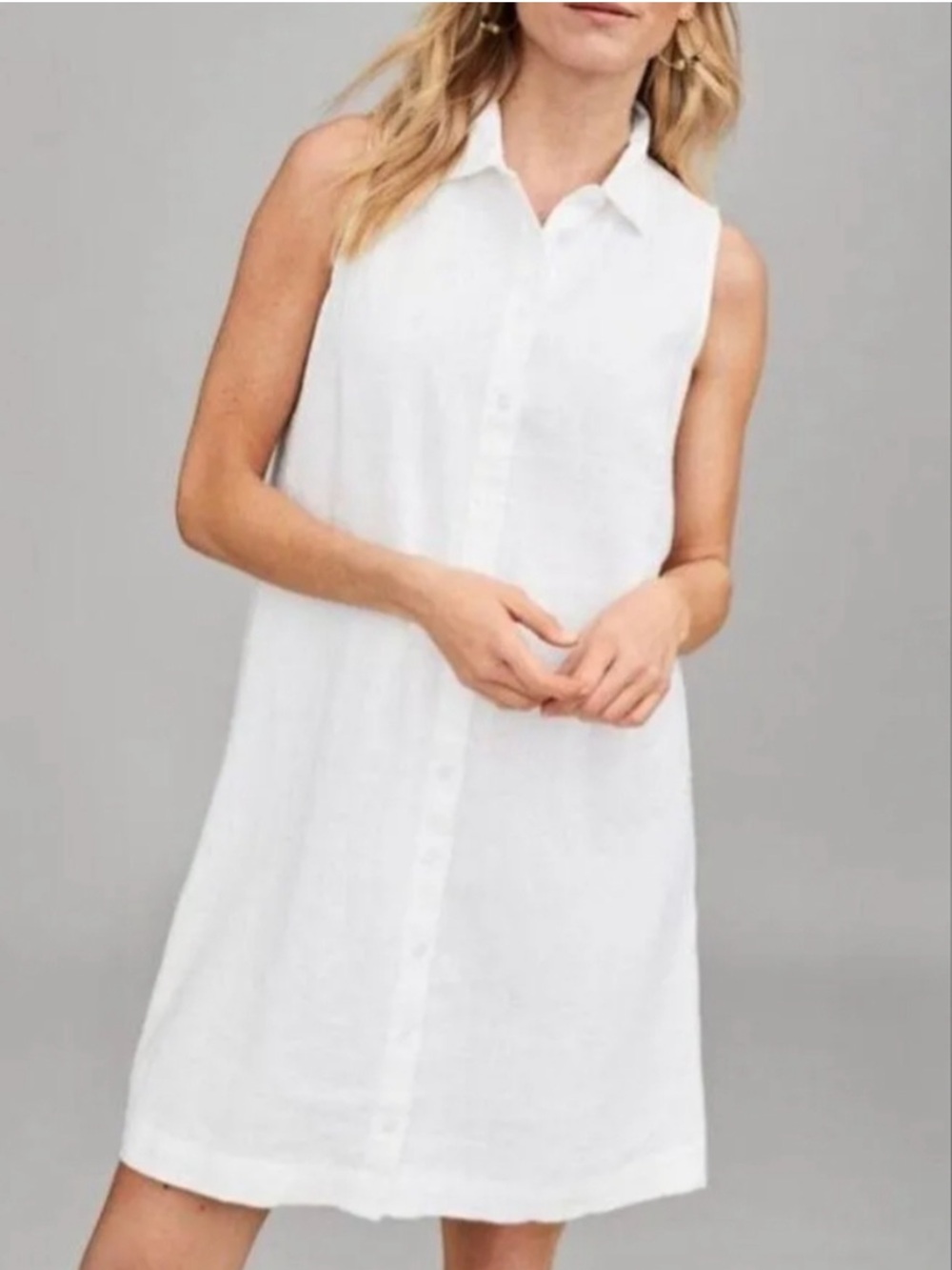 Garnet Hill White Sleeveless Collared Button-Front 100% Linen Tunic Dress Size 4